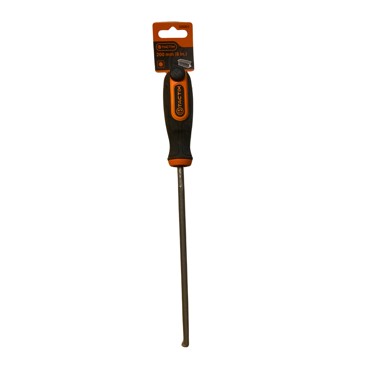 Rundfil 200 mm för metall med svart och orange handtag och hängetikett från Tactix