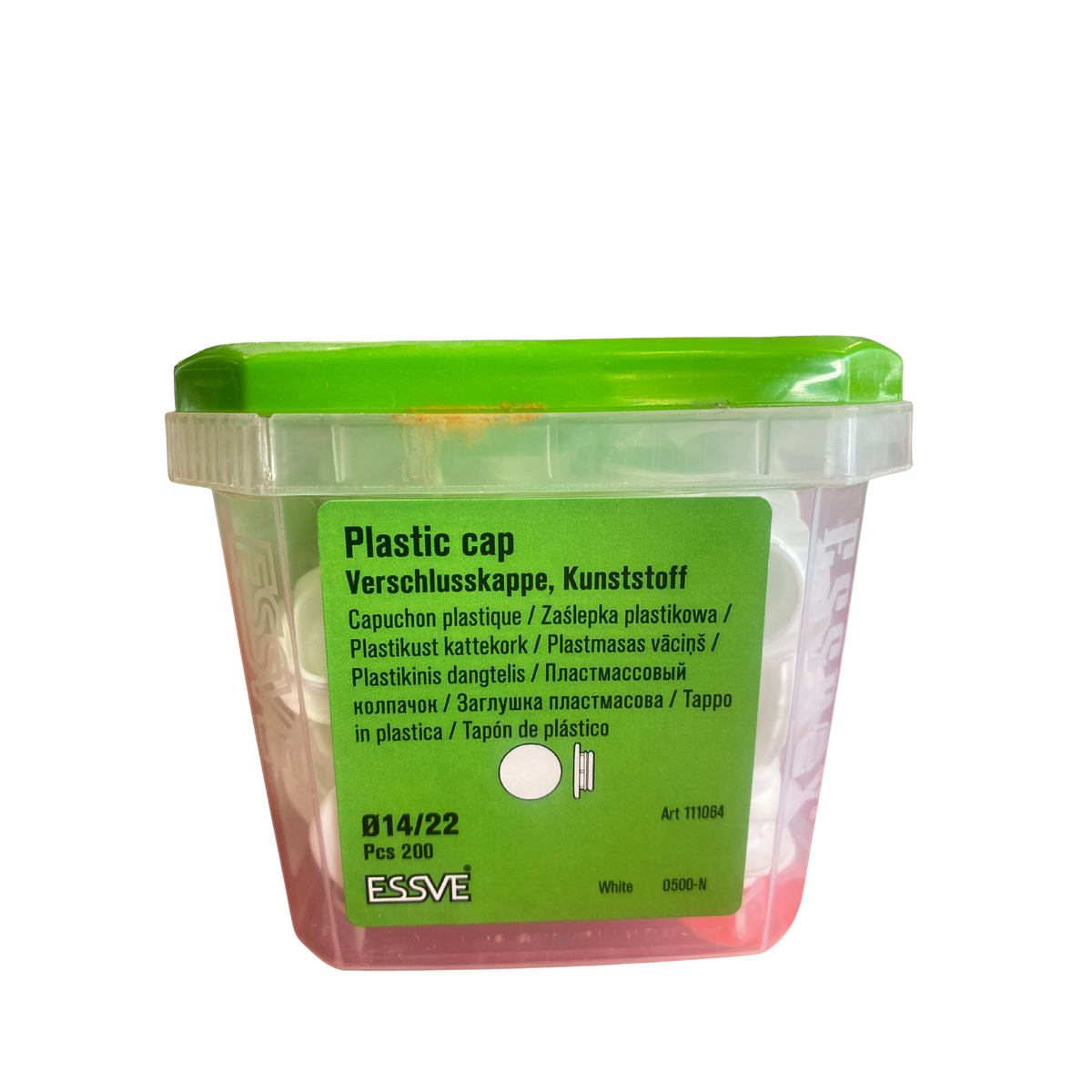 Plastlock Ø14/22 vit förvaringsask från sidan med produktetikett på flera språk