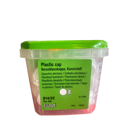 Plastlock Ø14/22 vit förvaringsask från sidan med produktetikett på flera språk