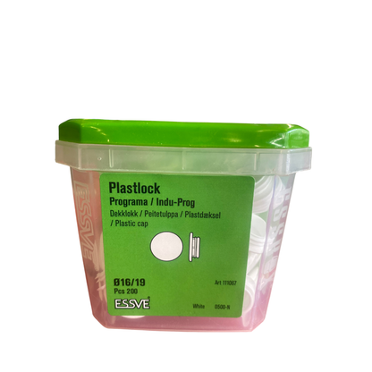 Plastlock Ø16/19 vit förvaringsask från sidan med produktetikett