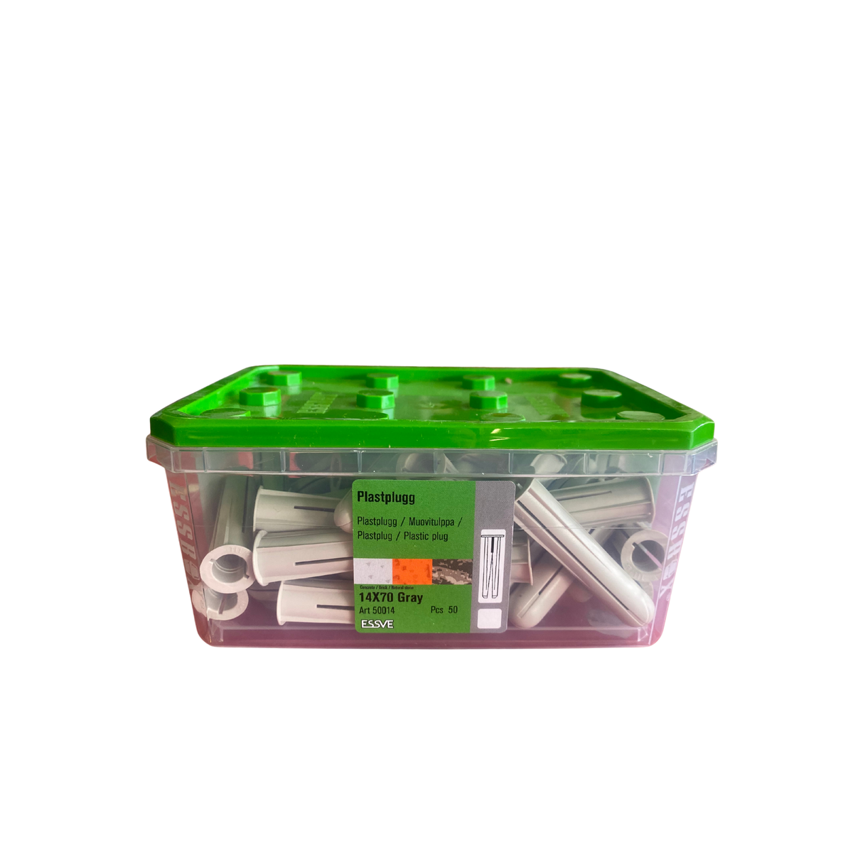 Plastplugg 14x70 mm grå för betong, tegel och natursten 50 st i förvaringsask från ESSVE