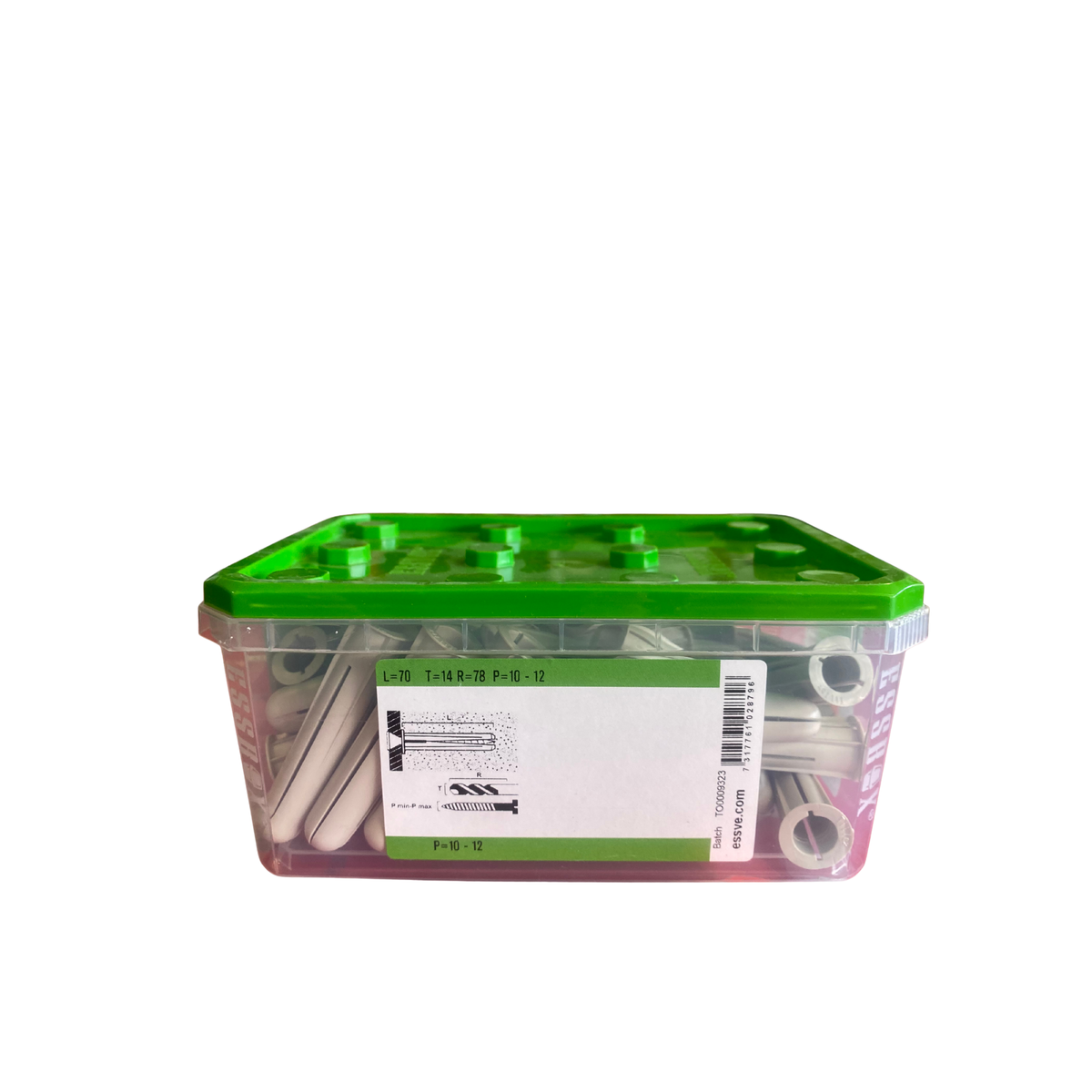 Plastplugg 14x70 mm baksida av förvaringsask med monteringsanvisning för borrdiameter, håldjup och skruvdimension