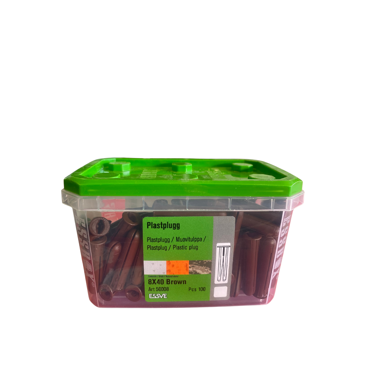 Plastplugg 8x40 mm brun för betong, tegel och natursten 100 st i förvaringsask från ESSVE