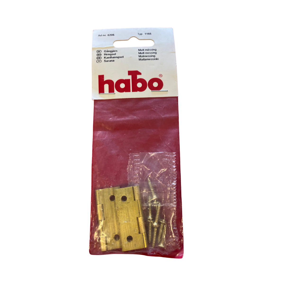 Gångjärn i matt mässing 40 x 30 mm typ 1165 med mässingsskruvar i oöppnad förpackning