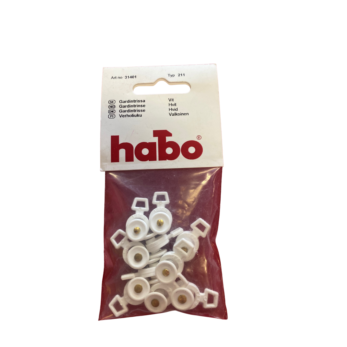 Gardintrissa vit typ 211 från Habo i 10-pack, förpackning med rullande trissor och öglor för gardinskena