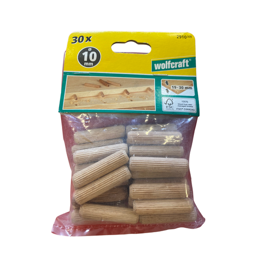 Trätappar bok Ø 10x40 mm räfflade, 30 st i originalförpackning från Wolfcraft, framsida