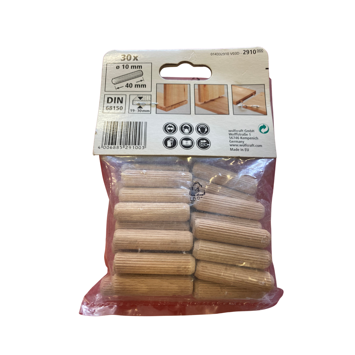 Baksida av förpackning till trätappar Ø 10x40 mm med DIN 68150, materialtjocklek 19–30 mm och streckkod