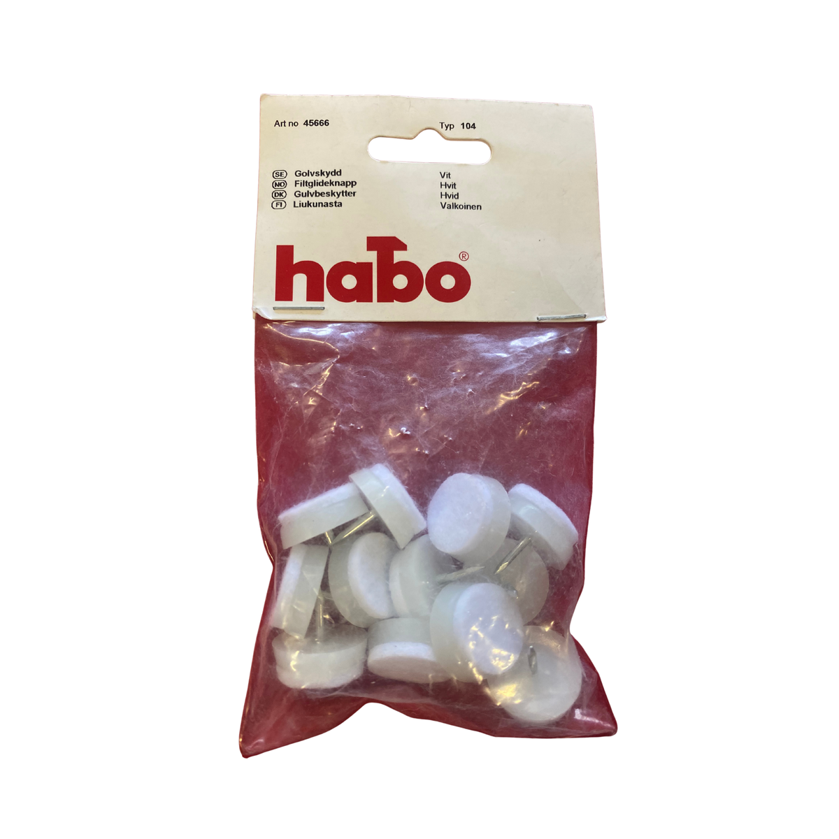 Golvskydd typ 104 vit Ø 22 mm filttassar med spik, 12 st i originalförpackning från Habo