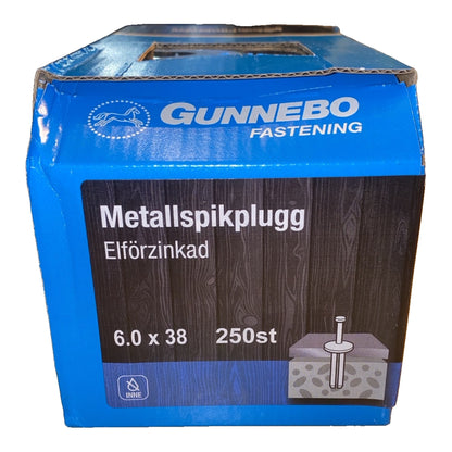 Metallspikplugg Gunnebo 6,0 x 38 mm elförzinkad, förpackning med 250 st