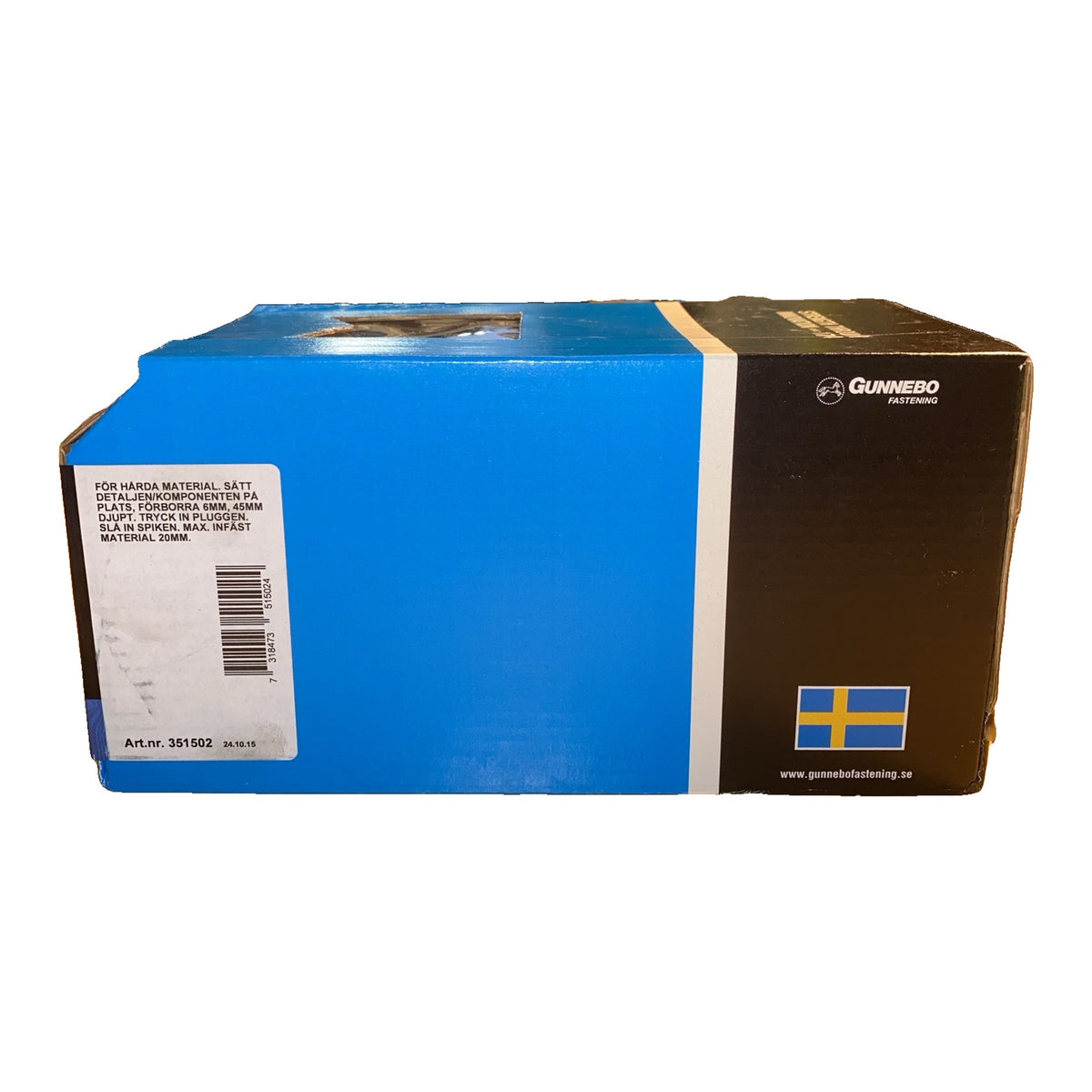 Metallspikplugg Gunnebo Fastening etikett med monteringsanvisning och art.nr 351502