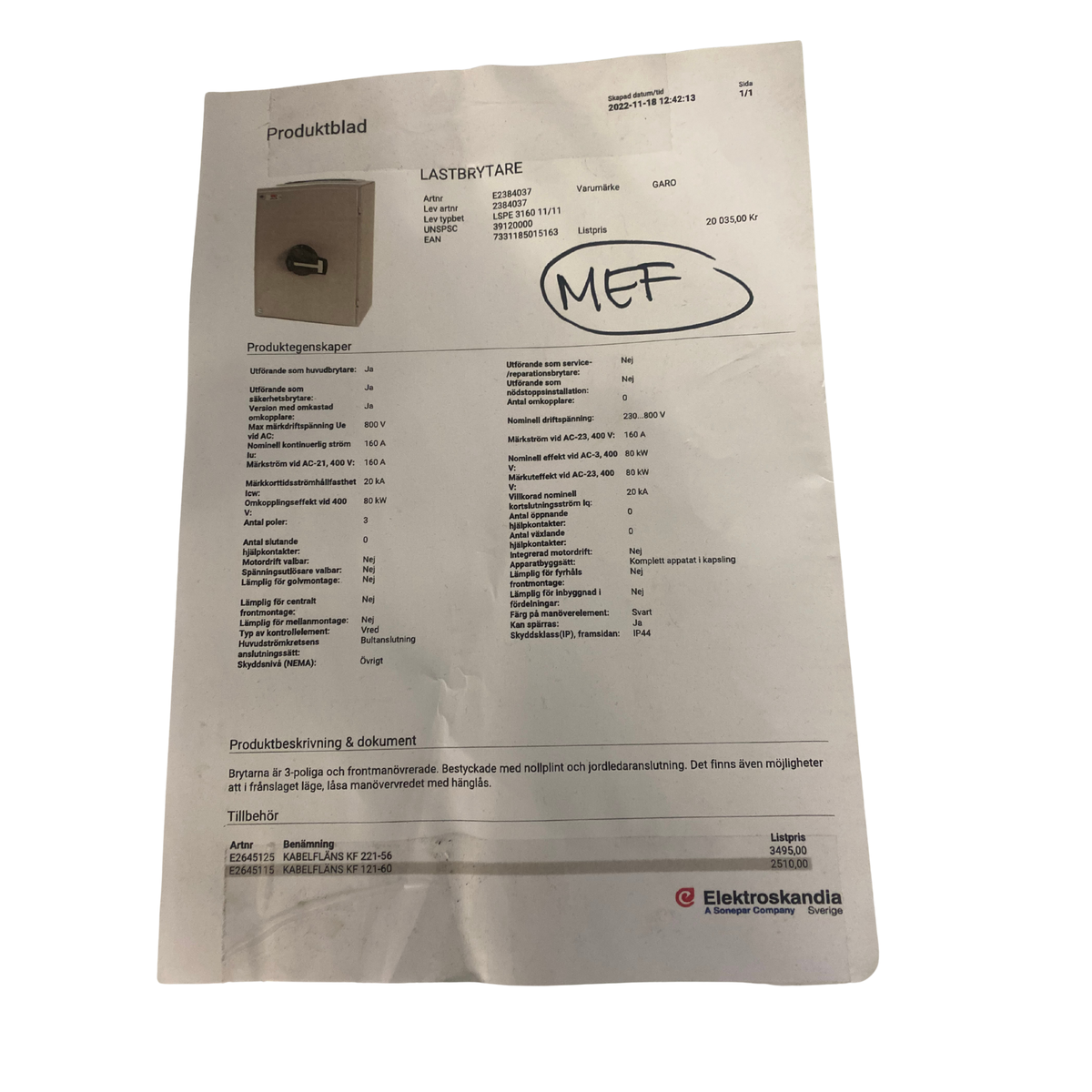 Produktblad med tekniska specifikationer för Garo lastbrytare LSPE 3160