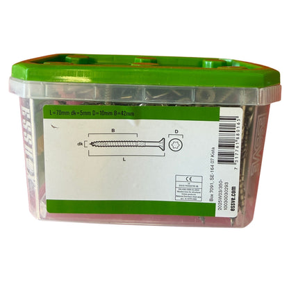Träskruv ESSVE ESS Drive rostfri A4 5,0x70 mm, förpackning sida med måttuppgifter L, D, B och dk samt CE-märkning