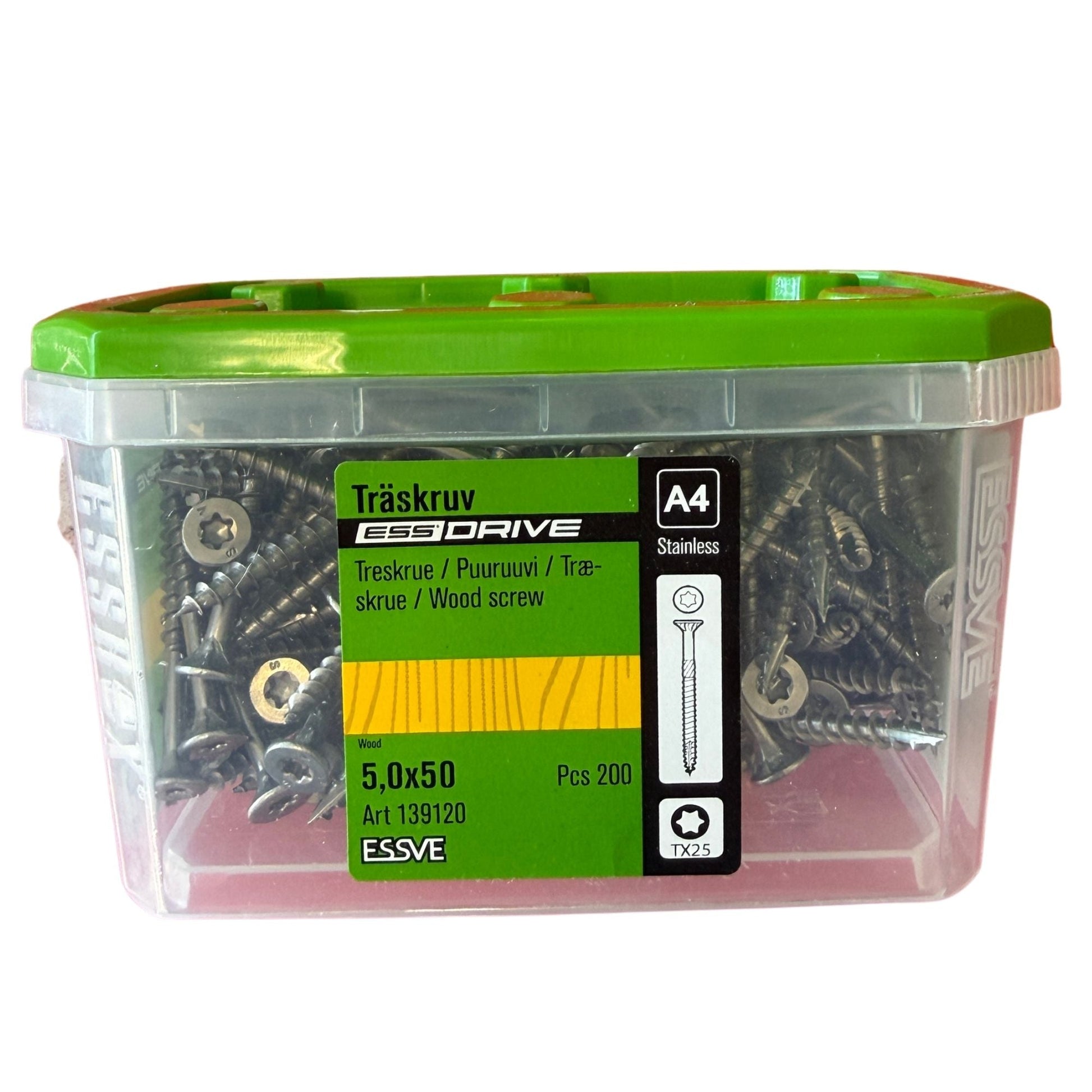 Träskruv ESSVE ESS Drive rostfri A4 5,0x50 mm TX25, förpackning med 200 st, framsida med produktetikett