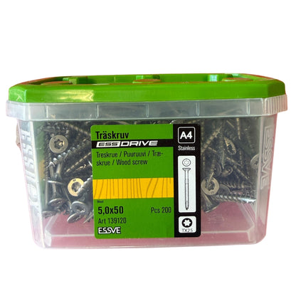 Träskruv ESSVE ESS Drive rostfri A4 5,0x50 mm TX25, förpackning med 200 st, framsida med produktetikett