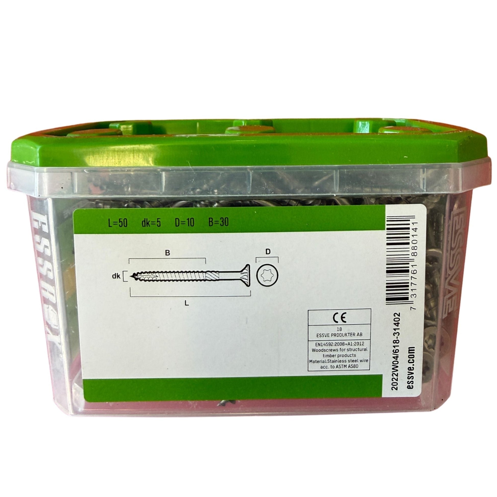 Träskruv ESSVE ESS Drive rostfri A4 5,0x50 mm, förpackning sida med måttuppgifter L, dk, D och B samt CE-märkning