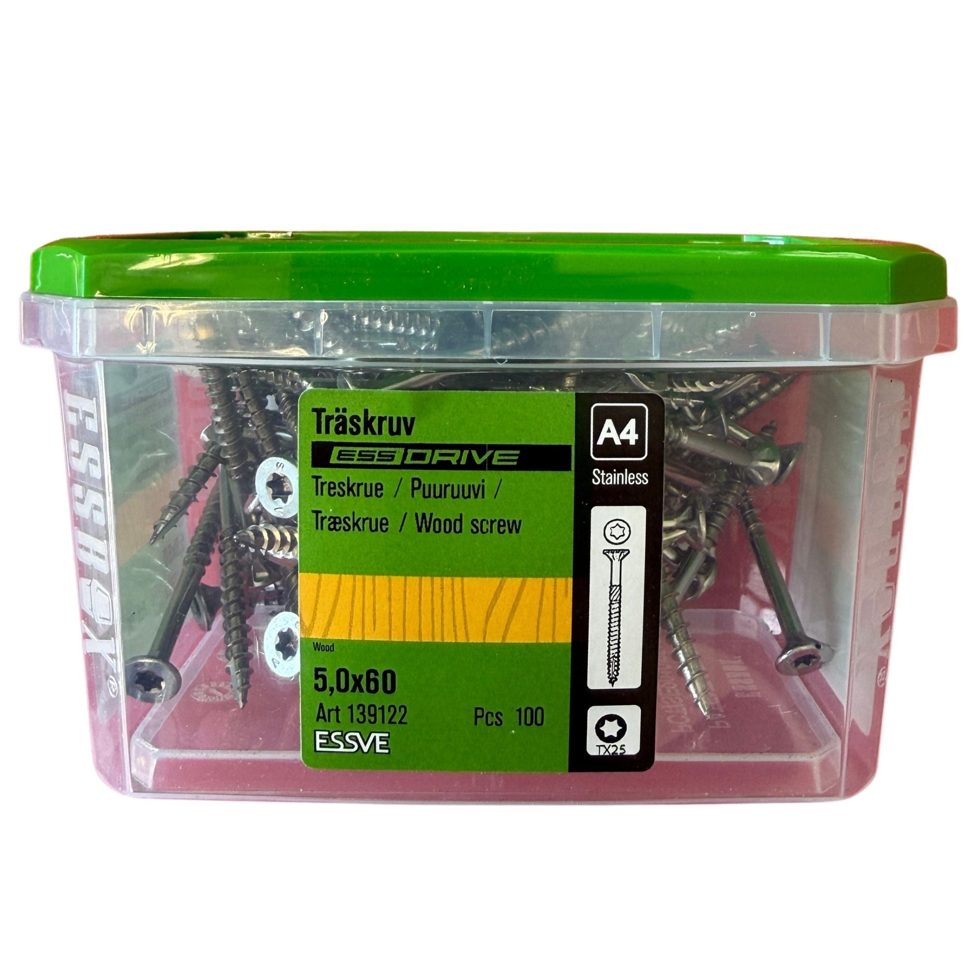 Träskruv ESSVE ESS Drive rostfri A4 5,0x60 mm TX25, förpackning med 100 st, framsida med produktetikett