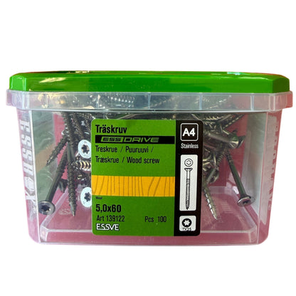 Träskruv ESSVE ESS Drive rostfri A4 5,0x60 mm TX25, förpackning med 100 st, framsida med produktetikett