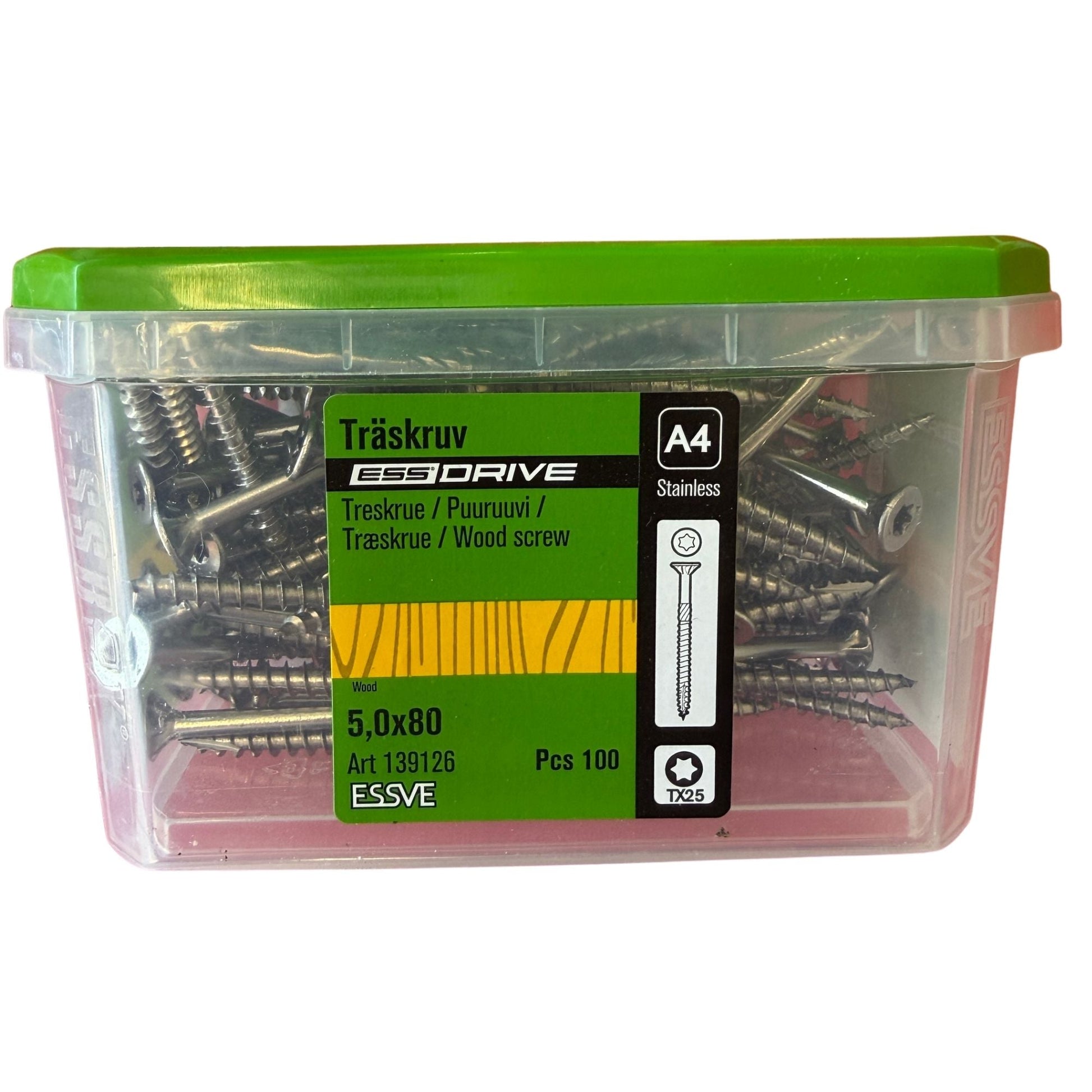 Träskruv ESSVE ESS Drive rostfri A4 5,0x80 mm TX25, förpackning med 100 st, framsida med produktetikett