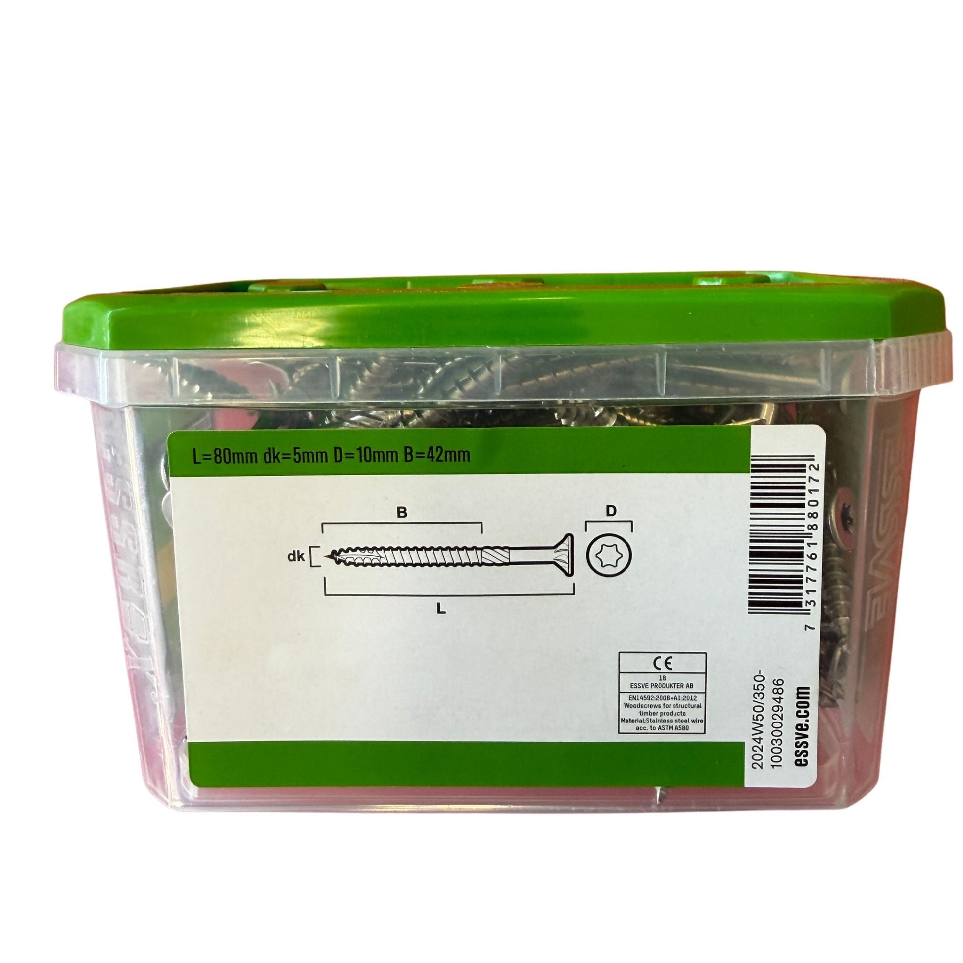 Träskruv ESSVE ESS Drive rostfri A4 5,0x80 mm, förpackning sida med måttuppgifter L, dk, D och B samt CE-märkning