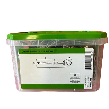 Träskruv ESSVE ESS Drive rostfri A4 5,0x80 mm, förpackning sida med måttuppgifter L, dk, D och B samt CE-märkning