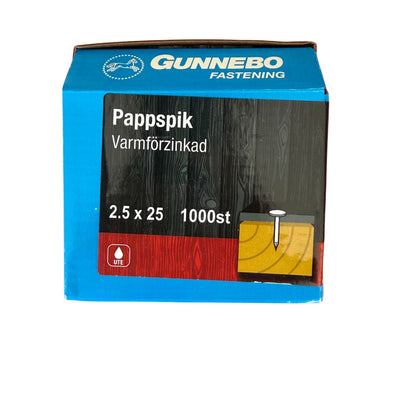 Pappspik Gunnebo varmförzinkad 2,5x25 mm, förpackning med 1000 st, framsida med produktbild