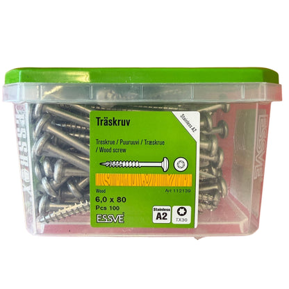 Träskruv ESSVE rostfri A2 6,0x80 mm TX30, förpackning med 100 st, framsida med produktetikett