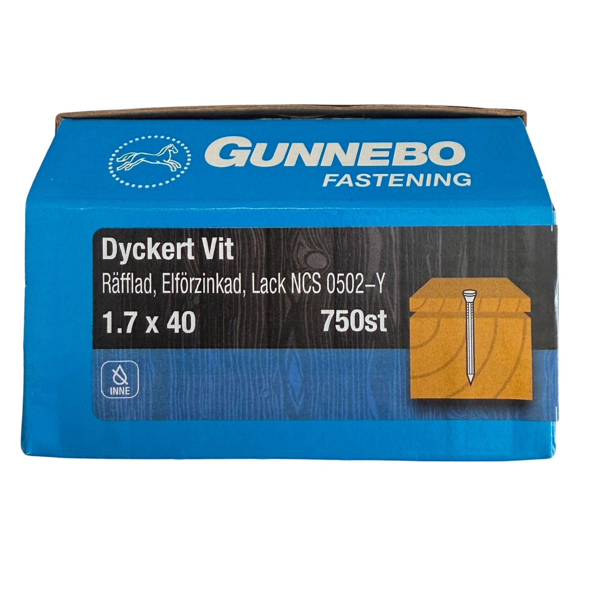 Dyckert Vit Gunnebo räfflad elförzinkad 1,7x40 mm, förpackning med 750 st, framsida med produktbild