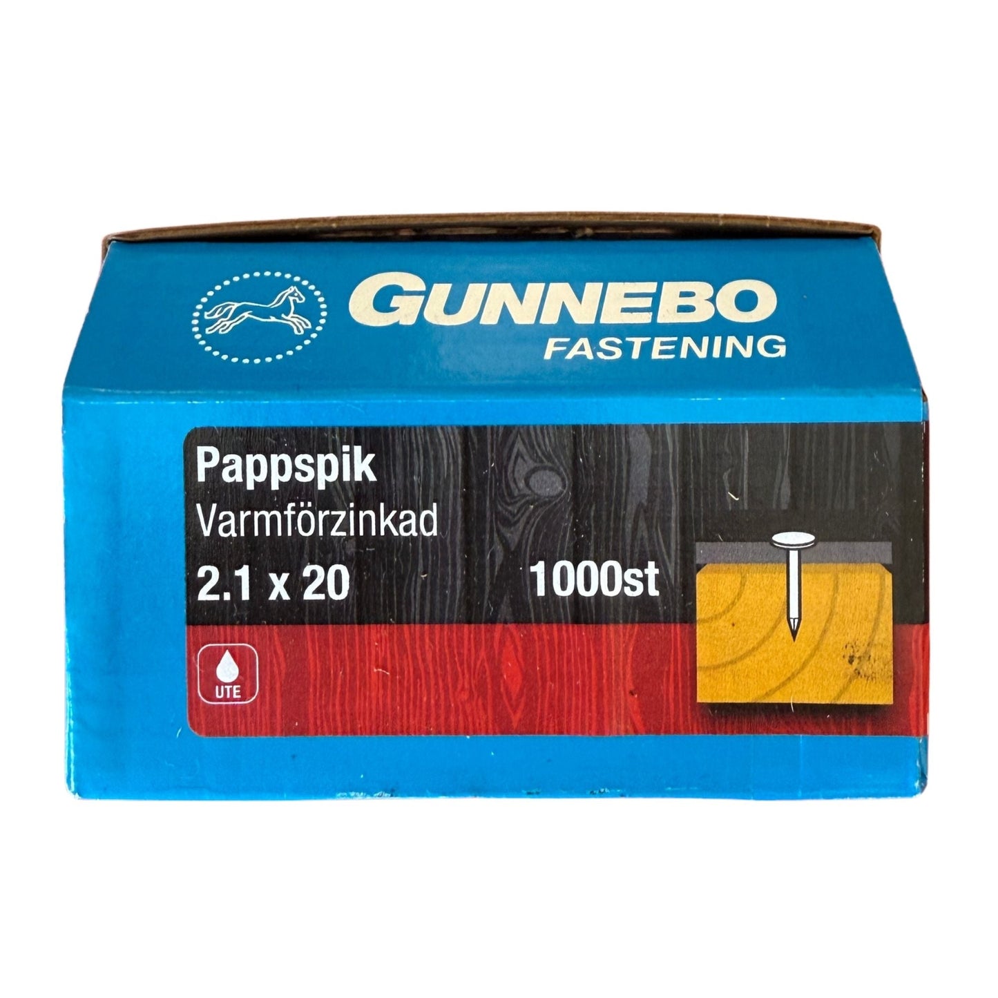 Pappspik Gunnebo varmförzinkad 2,1x20 mm, förpackning med 1000 st, framsida med produktbild