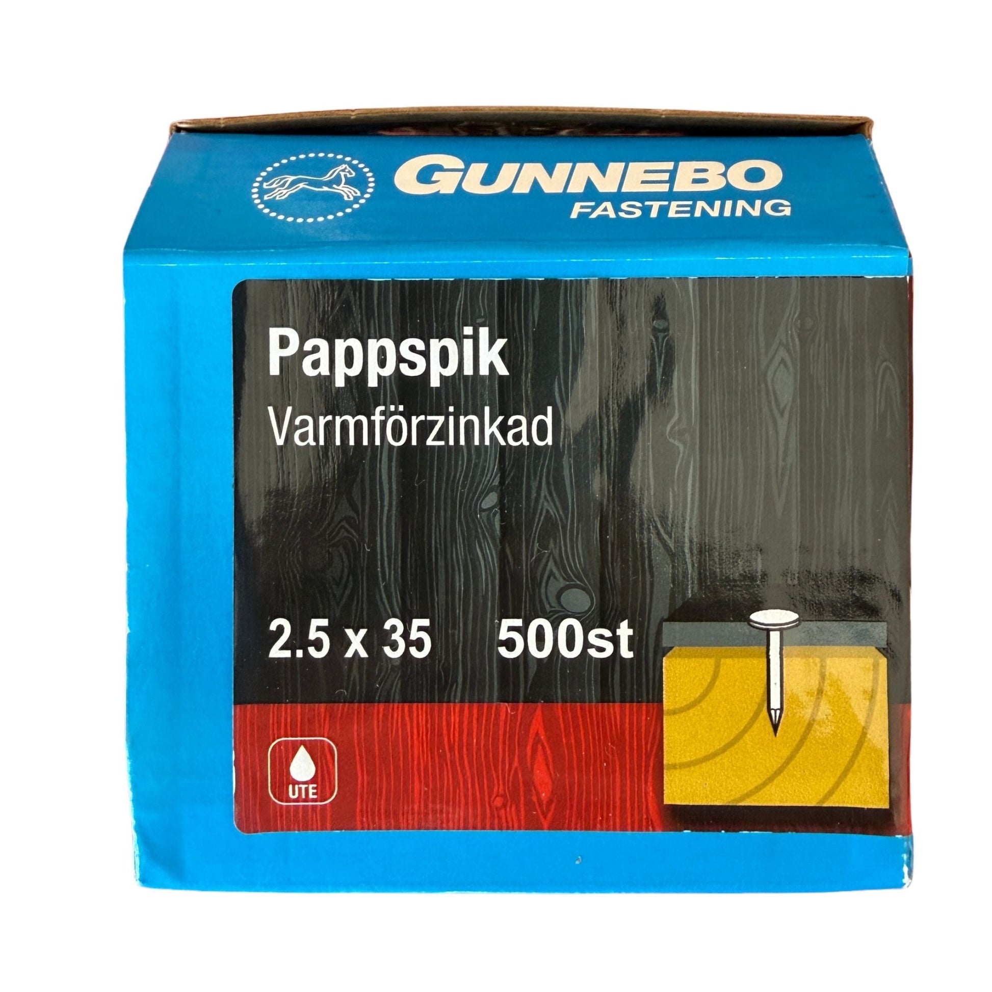 Pappspik Gunnebo varmförzinkad 2,5x35 mm, förpackning med 500 st, framsida med produktbild