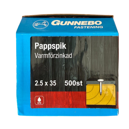 Pappspik Gunnebo varmförzinkad 2,5x35 mm, förpackning med 500 st, framsida med produktbild