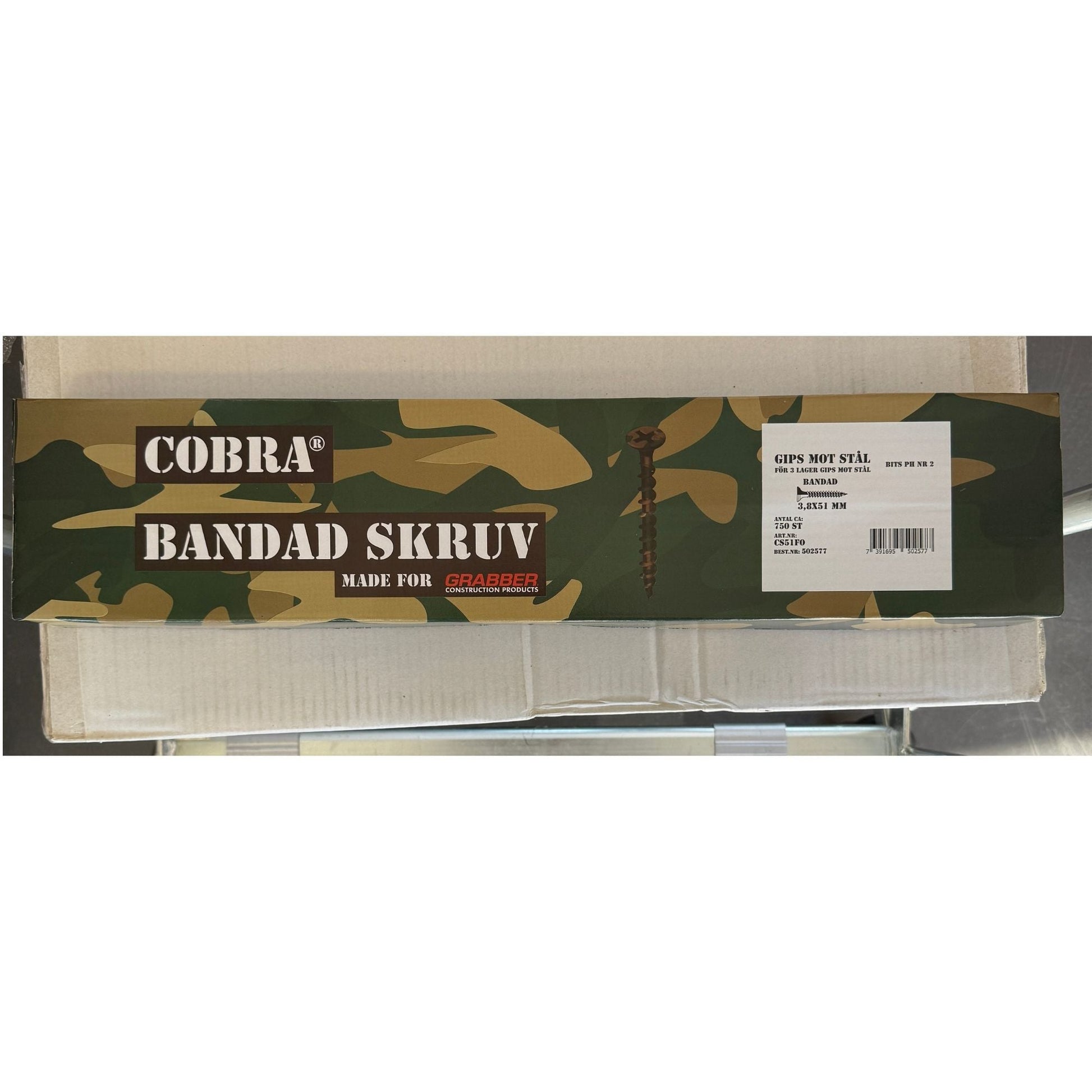 Cobra Bandad Skruv gips mot stål 3,8x51 mm, förpackningskartong med produktetikett