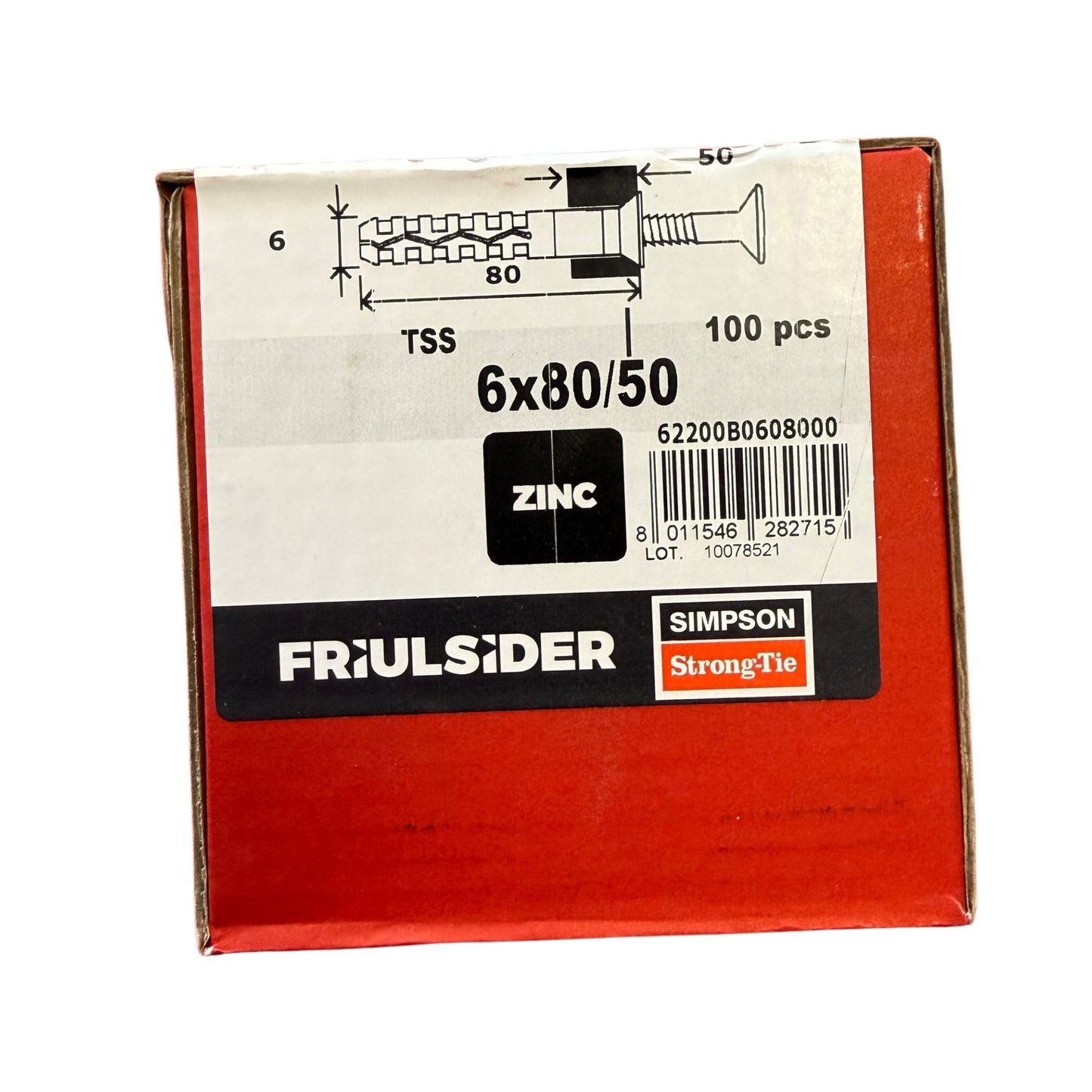 Ramplugg Friulsider TSS zink 6x80/50 mm, förpackning med 100 st, framsida med produktetikett och måttritning