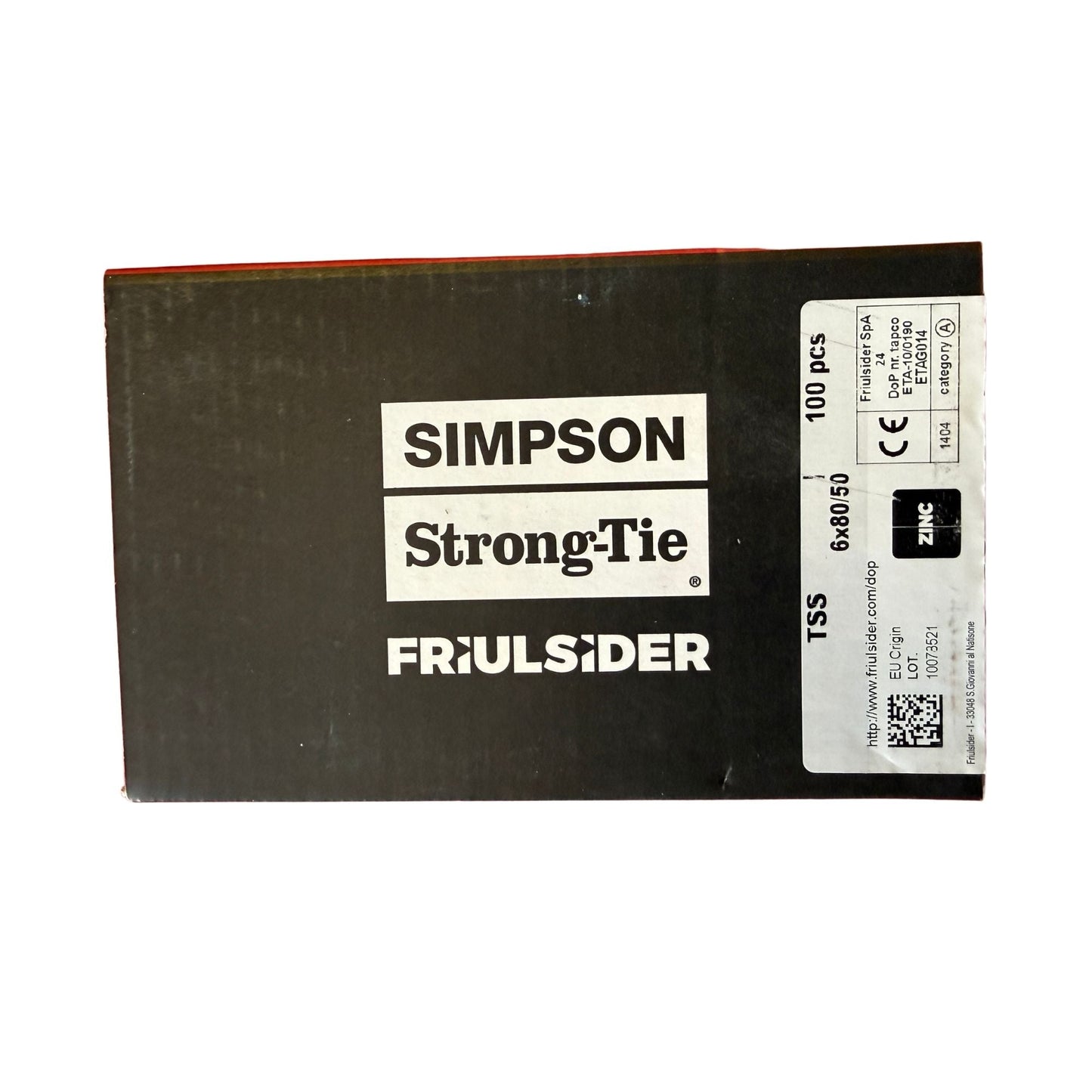 Ramplugg Friulsider TSS zink, förpackning baksida med CE-märkning, ETAG 014 och Simpson Strong-Tie logotyp