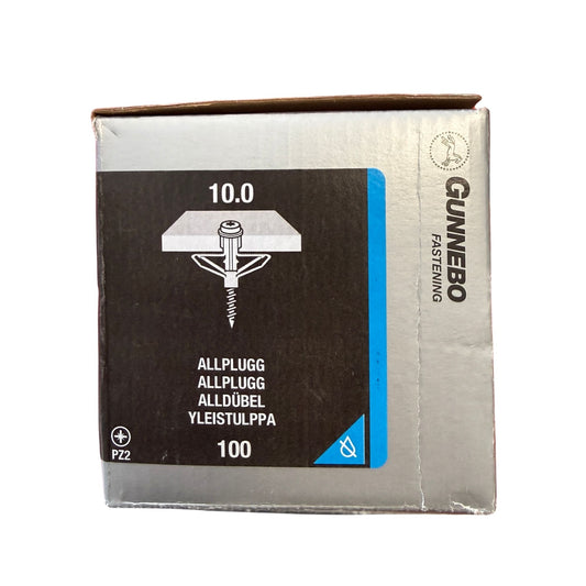 Allplugg Gunnebo nylon 10.0 mm, förpackning framsida med produktbild och specifikationer
