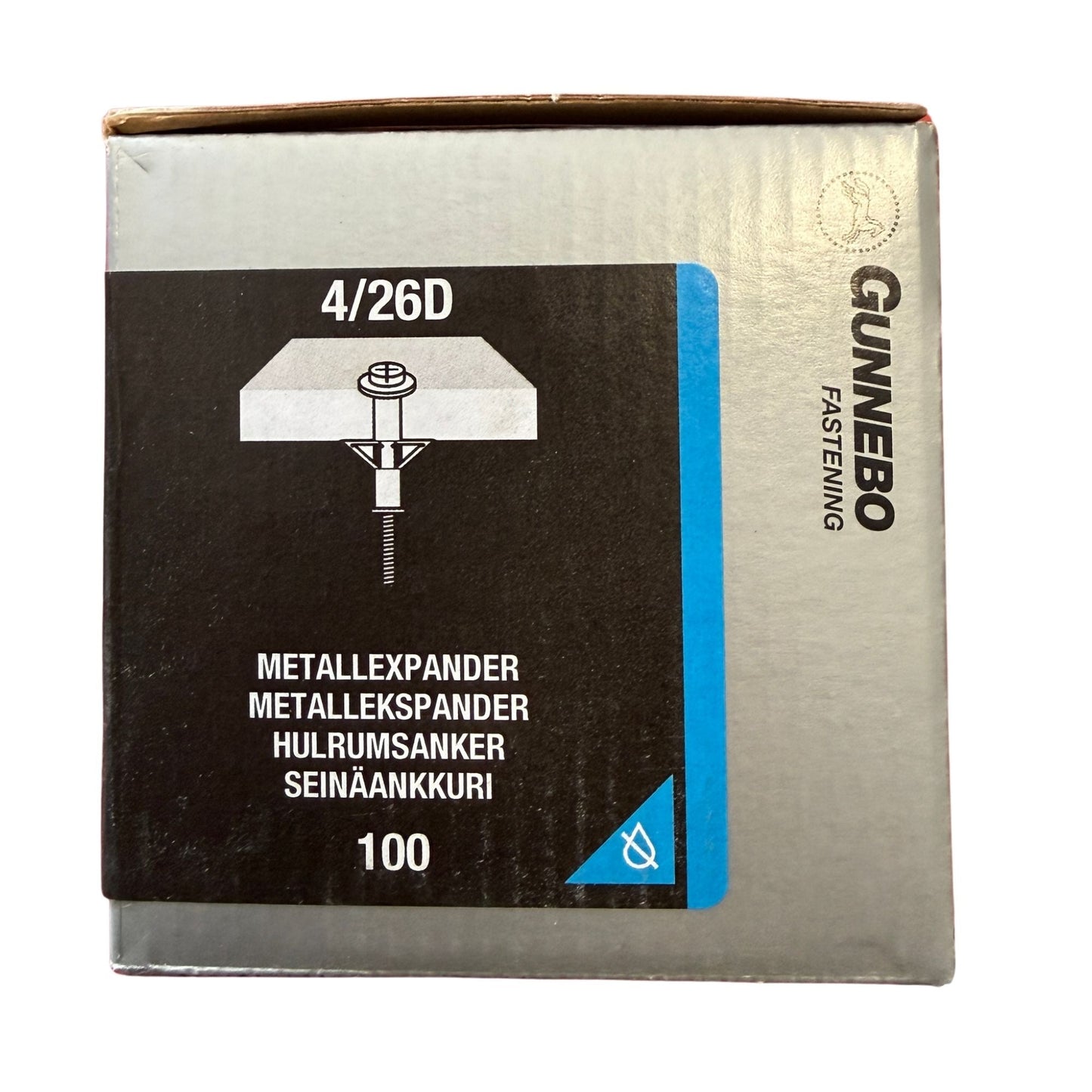 Metallexpander Gunnebo elförzinkad 4/26D, förpackning framsida med produktbild och specifikationer