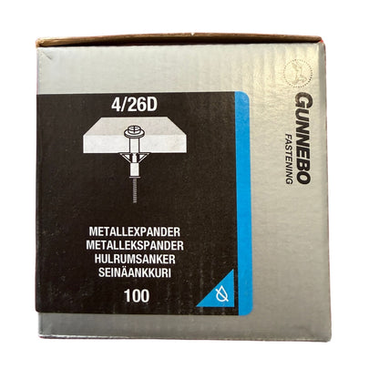Metallexpander Gunnebo elförzinkad 4/26D, förpackning framsida med produktbild och specifikationer