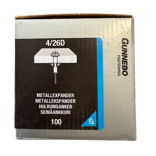 Metallexpander Gunnebo elförzinkad 4/26D, förpackning framsida med produktbild och specifikationer