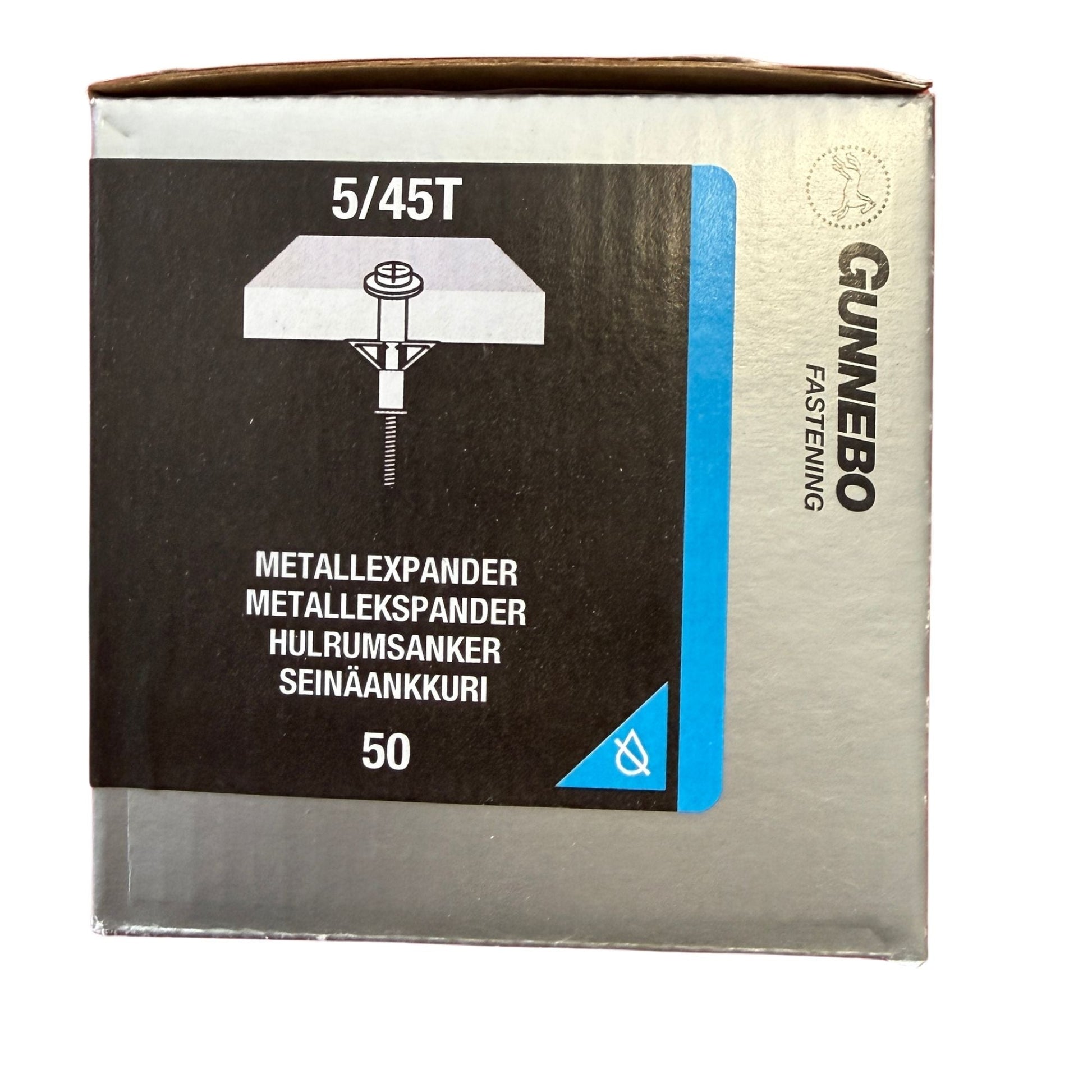 Metallexpander Gunnebo elförzinkad 5/45T, förpackning framsida med produktbild och specifikationer