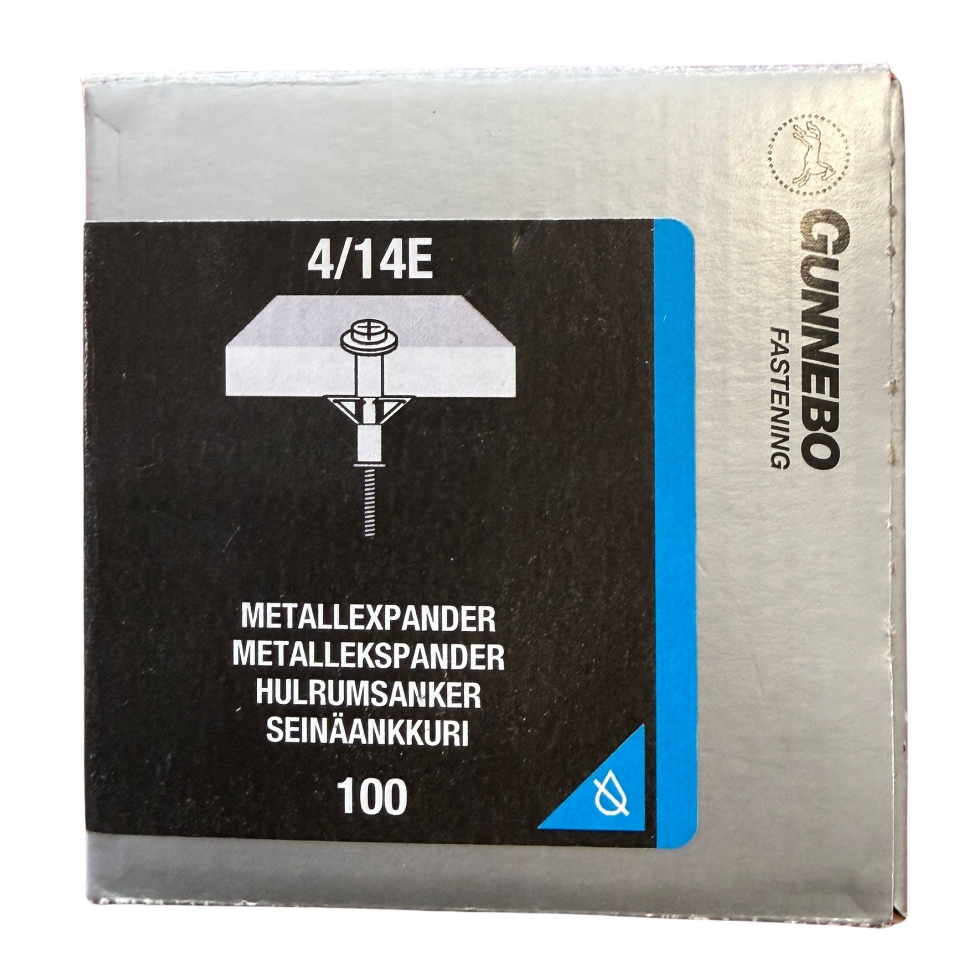 Metallexpander Gunnebo elförzinkad 4/14E, förpackning framsida med produktbild och specifikationer
