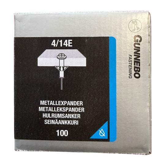 Metallexpander Gunnebo elförzinkad 4/14E, förpackning framsida med produktbild och specifikationer