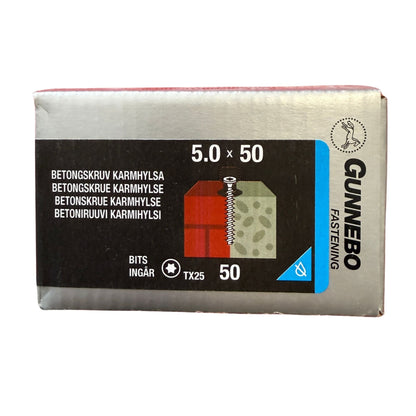 Betongskruv karmhylsa Gunnebo elförzinkad 5,0x50 mm, förpackning framsida med produktbild