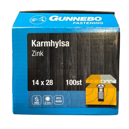 Karmhylsa Gunnebo zink 14x28 mm, förpackning framsida med produktbild och specifikationer