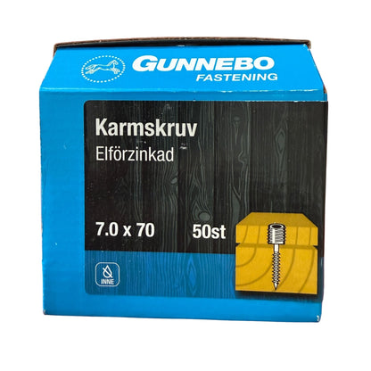 Karmskruv Gunnebo elförzinkad 7,0x70 mm, förpackning framsida med produktbild och specifikationer