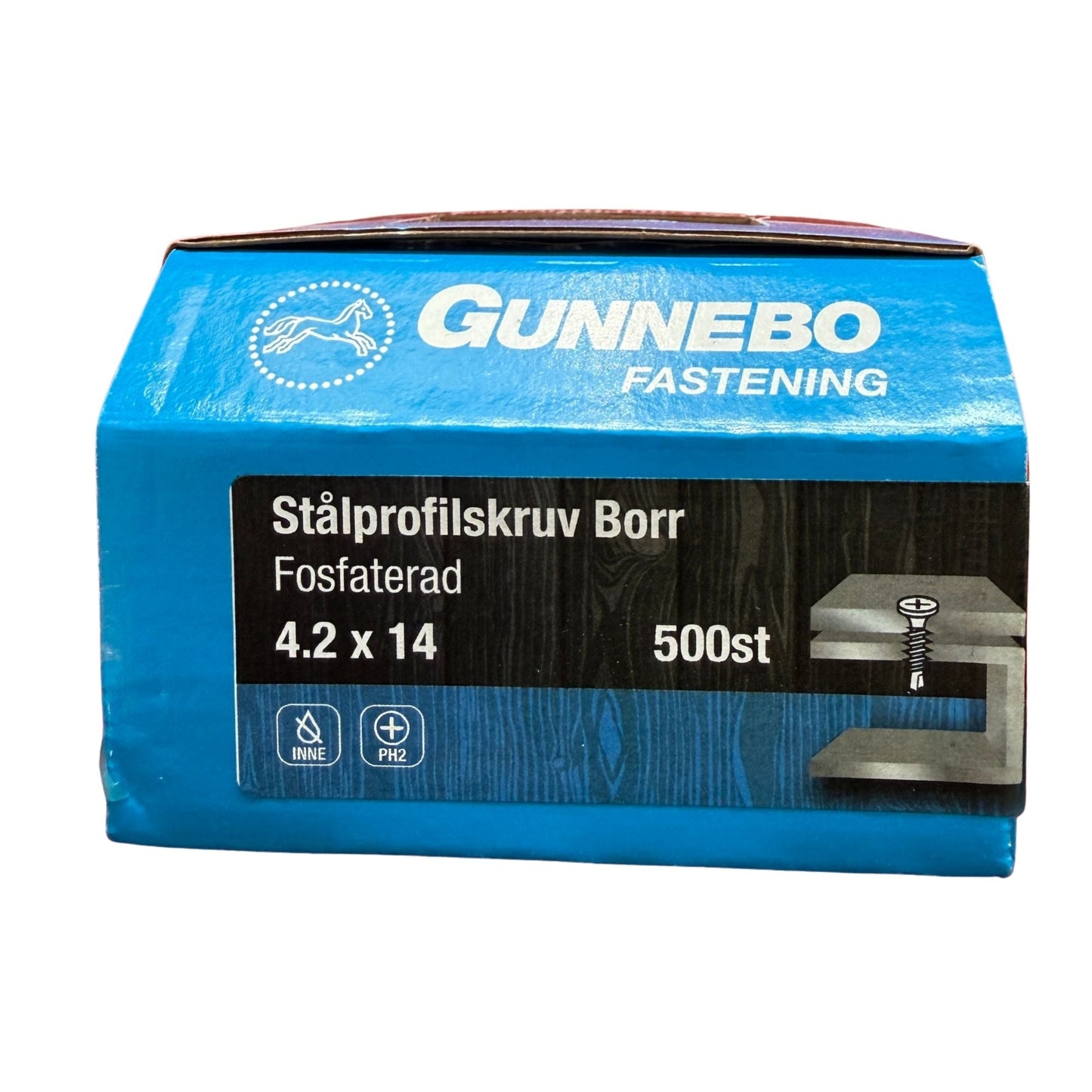 Stålprofilskruv Gunnebo borr fosfaterad 4,2x14 mm, förpackning framsida med produktbild