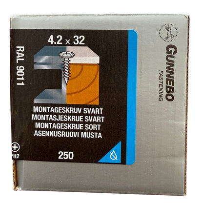 Montageskruv Gunnebo svart RAL 9011 4,2x32 mm, förpackning framsida med produktbild
