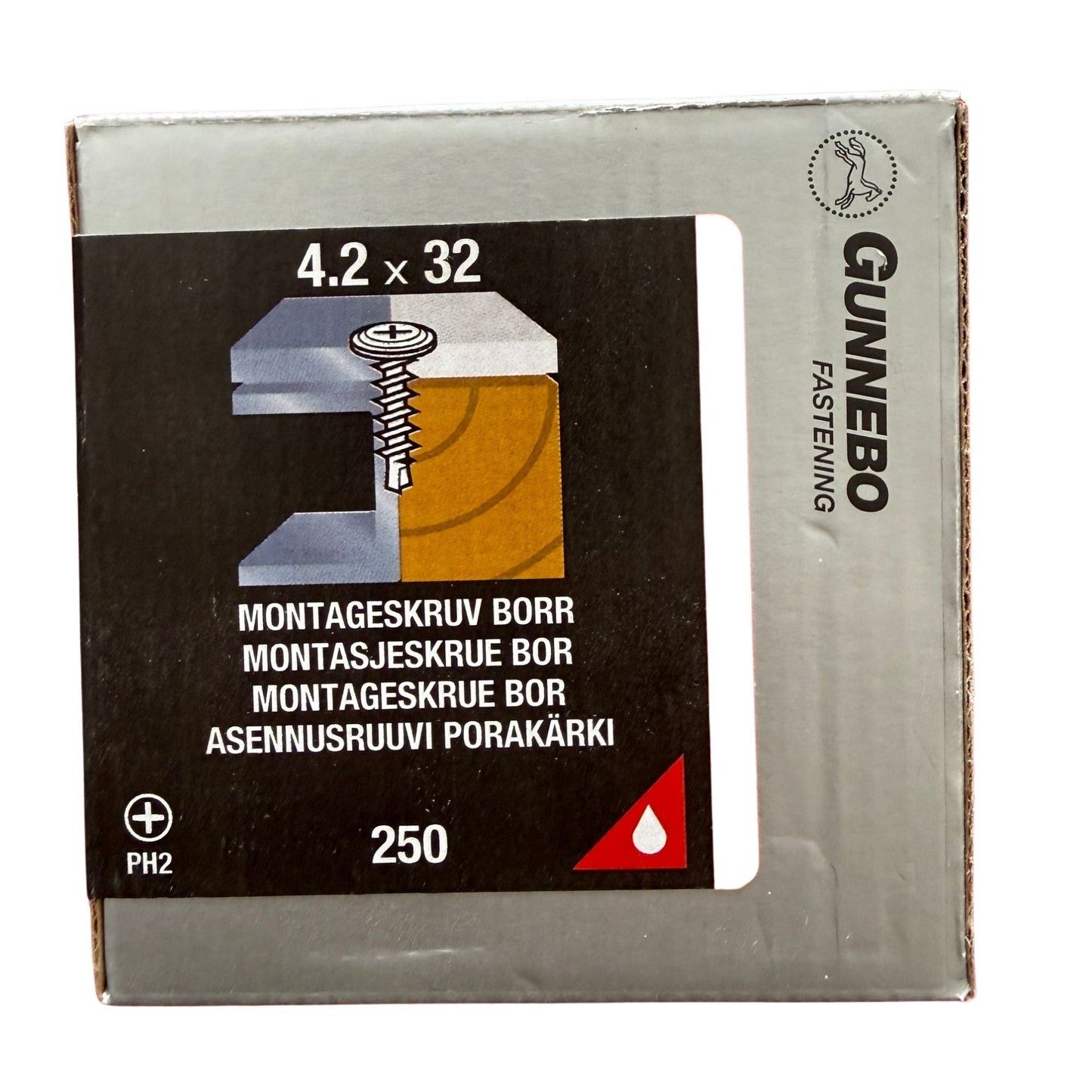 Montageskruv Gunnebo borr Protec 4,2x32 mm, förpackning framsida med produktbild