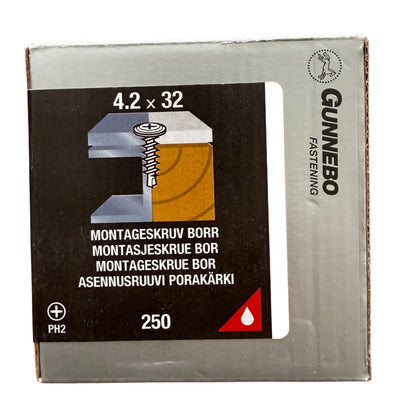 Montageskruv Gunnebo borr Protec 4,2x32 mm, förpackning framsida med produktbild