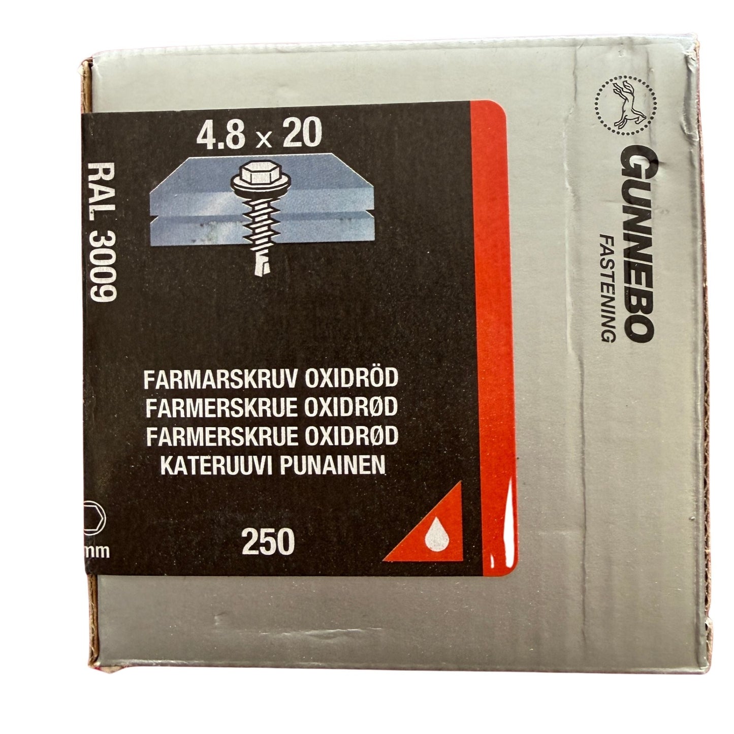 Farmarskruv Gunnebo oxidröd RAL 3009 4,8x20 mm, förpackning framsida med produktbild