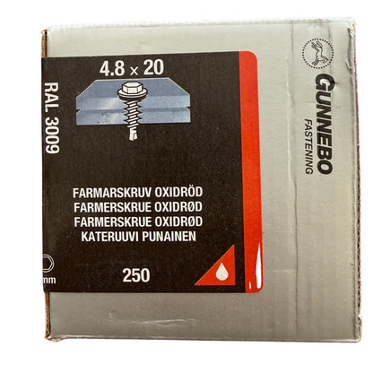 Farmarskruv Gunnebo oxidröd RAL 3009 4,8x20 mm, förpackning framsida med produktbild