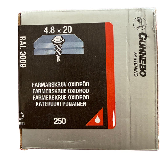 Farmarskruv Gunnebo oxidröd RAL 3009 4,8x20 mm, förpackning framsida med produktbild